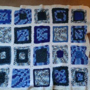 Handmade Blue Crochet Granny Squares Afghan Throw 37"x44"  Wheelchair Blanket